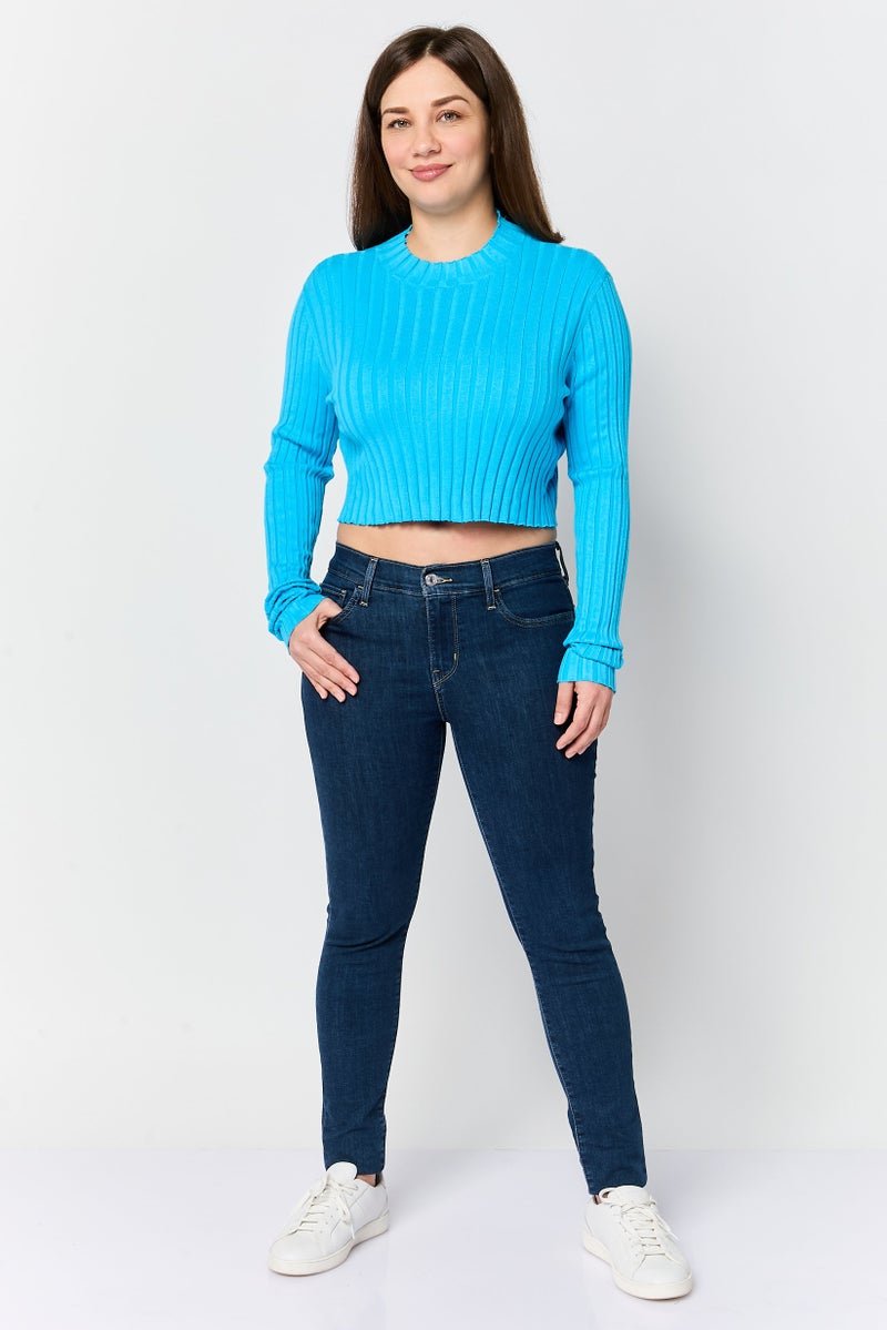 MONKI Women Mock Neck Long Sleeve Ribbed Top, Turquoise - Image 2